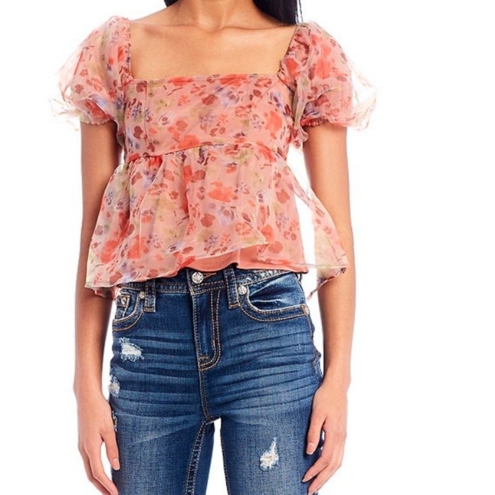 Evolutionary floral short puff sleeve baby sleeve doll top